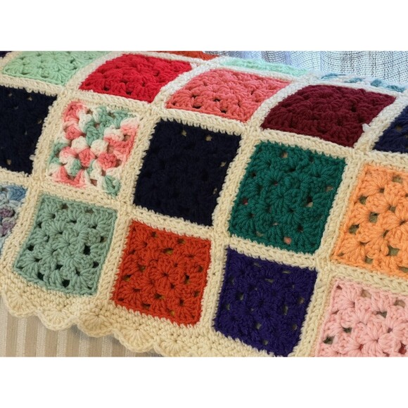Homemade Knitted Crochet Granny Square Throw Afghan Blanket White 74x56 Roseanne - Picture 6 of 10